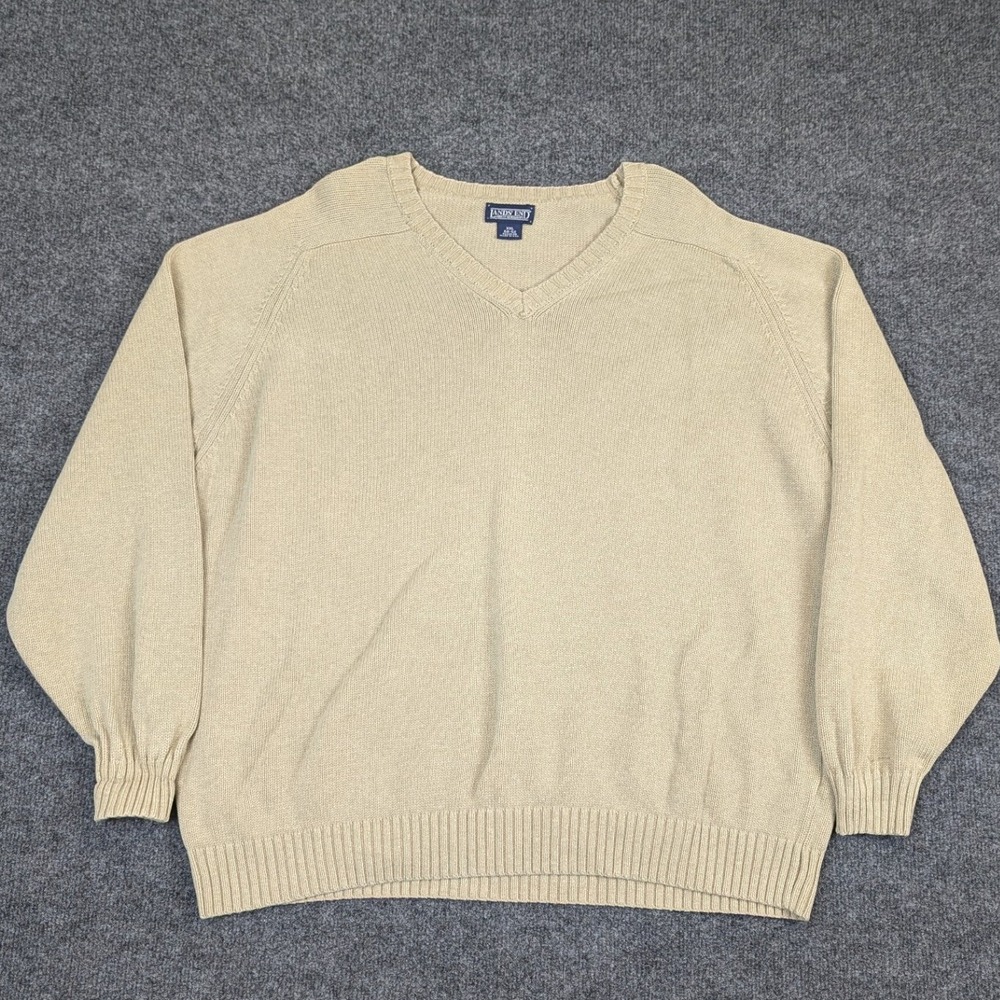 Lands End Mens XXL V-Neck Sweater Tan Cotton Knit Made in USA‎ Regular 50-52